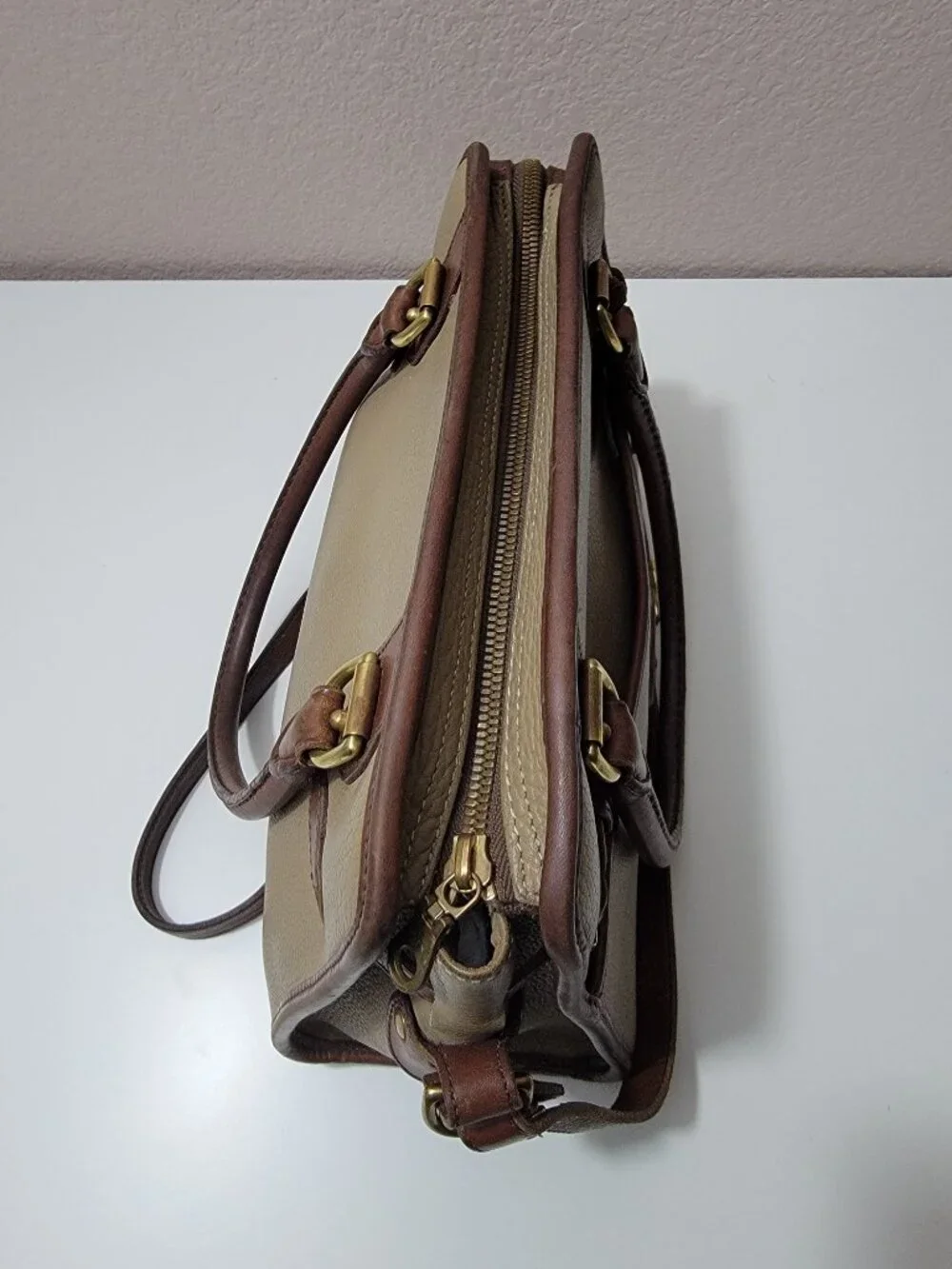 Dooney & Bourke Vintage All Weather Leather Satchel Taupe Tan Duck Made in USA